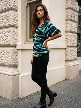 NWT Chime's Navy, Gold, and Blue Tiger Print Sweater With Belt